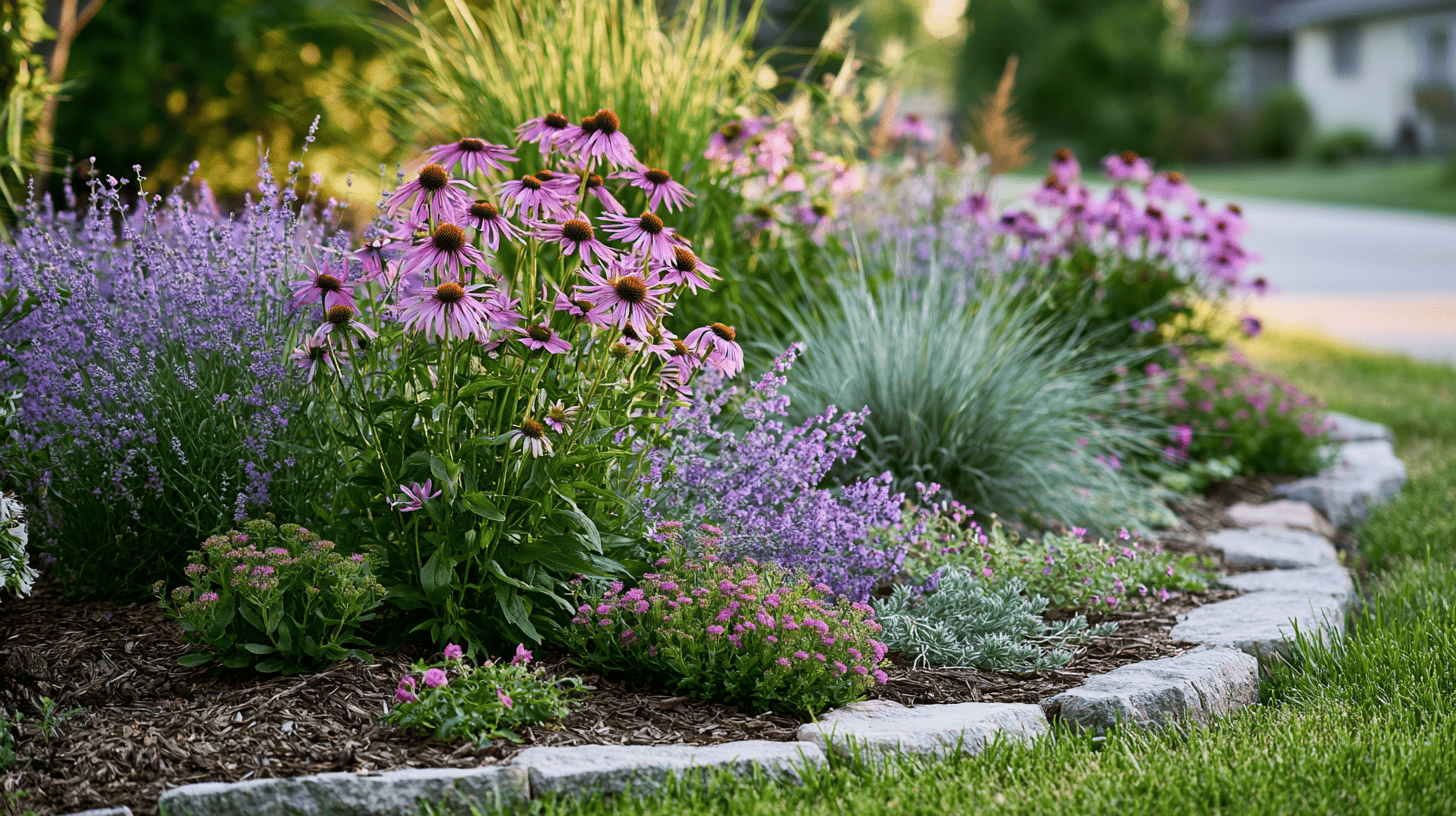 Low-maintenance outdoor garden bed with flowering perennials, ornamental grasses, and mulch