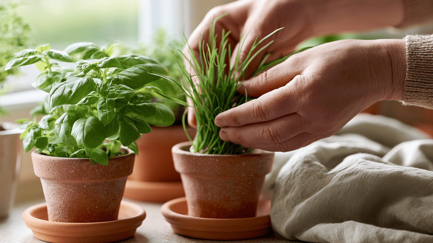 Hands tending beginner-friendly basil and chives growing in terracotta pots