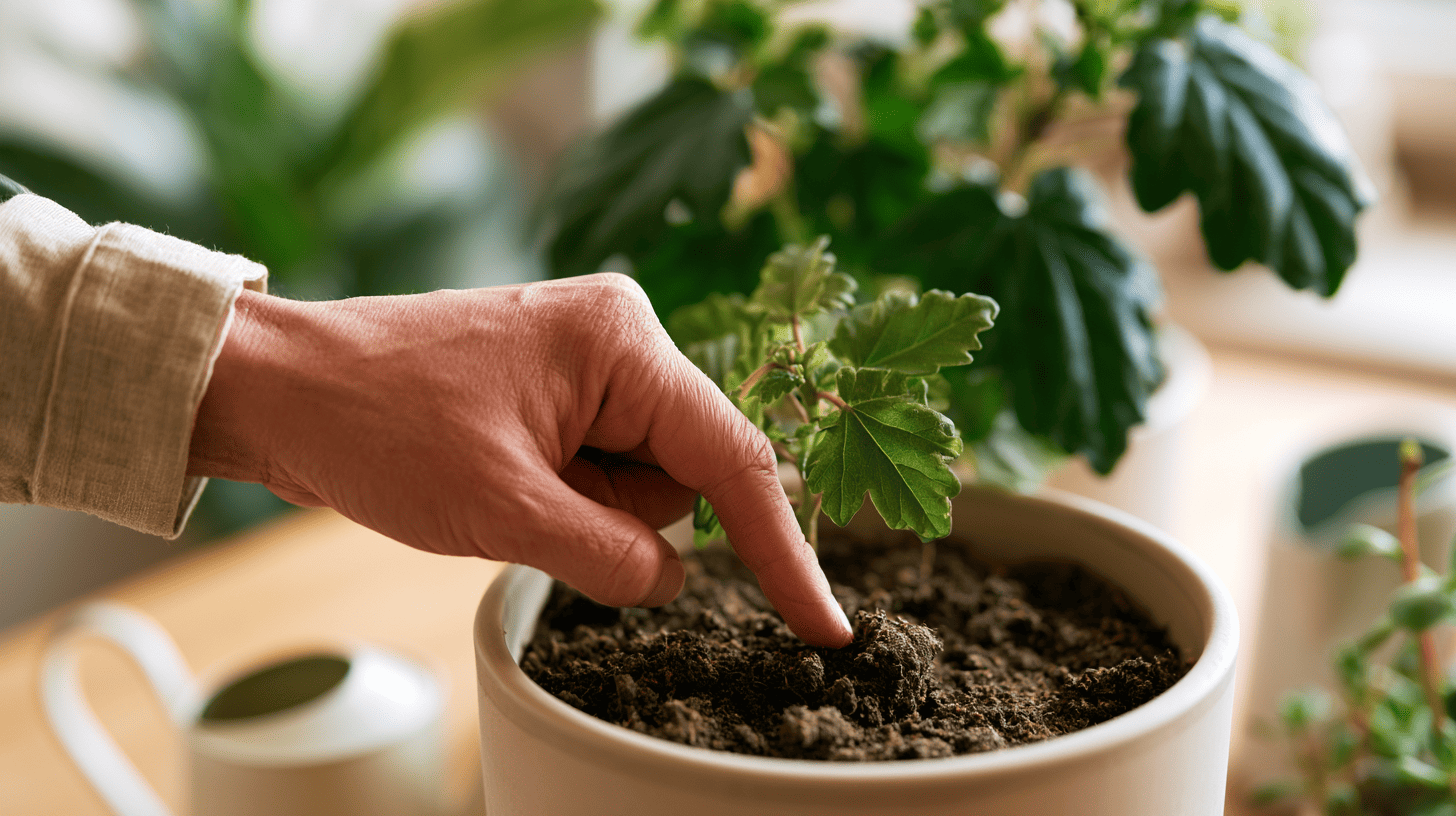 Hand checking the potting mix of a potted plant as part of a beginner plant care routine