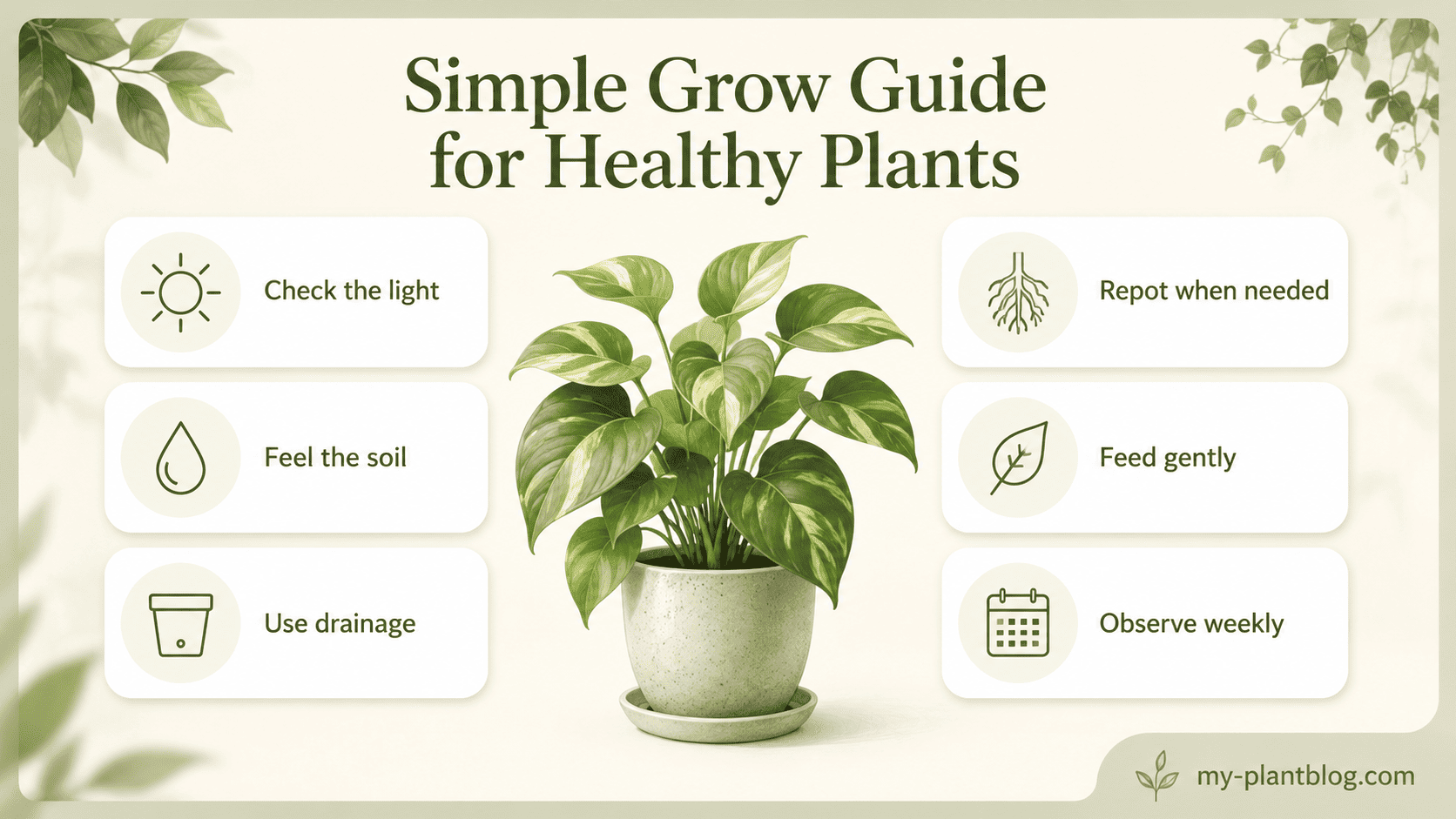 Grow Guide overview for healthy plants covering light, watering, drainage, repotting, feeding, and observation