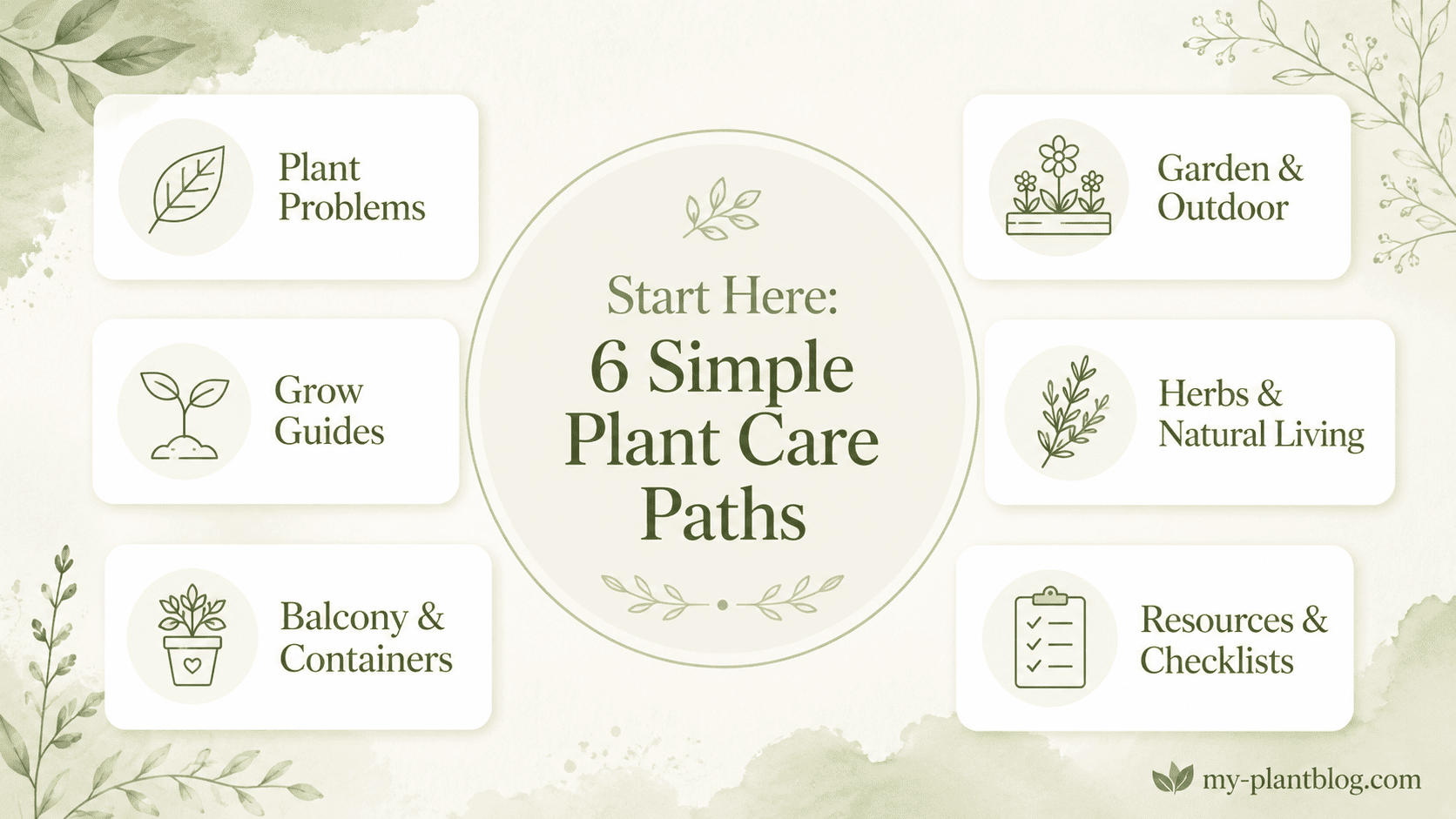 Overview of My Plant Blog topics including plant problems, grow guides, containers, outdoor gardening, herbs, and plant care resources