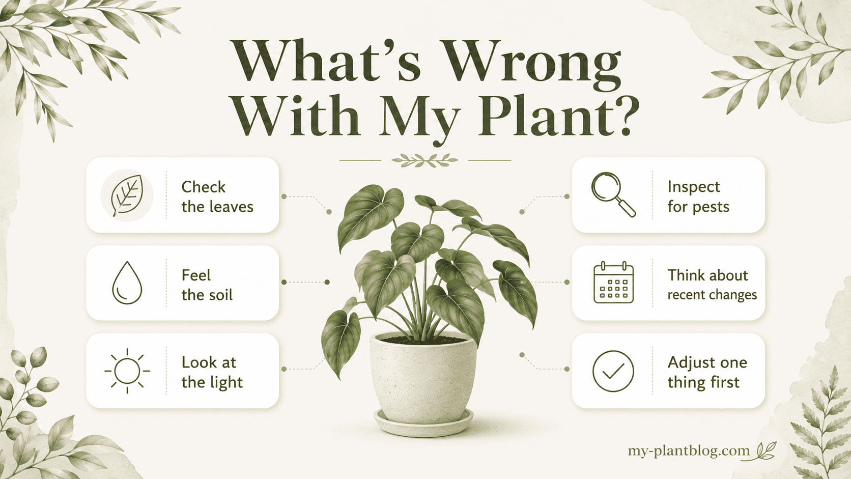 What’s Wrong With My Plant infographic showing six simple checks for plant problems: leaves, soil, light, pests, recent changes, and one adjustment at a time