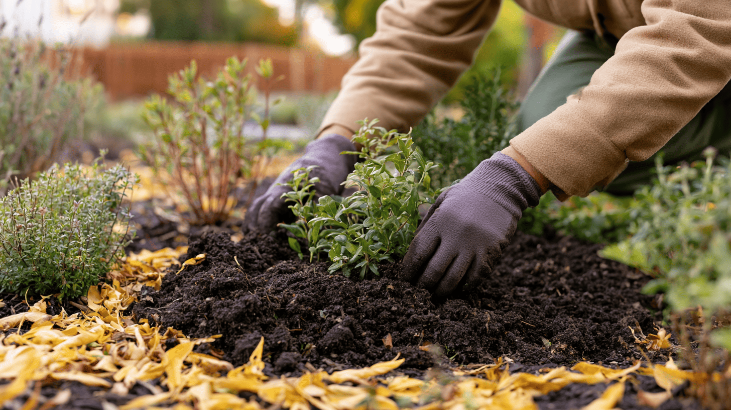 Gardener adding compost around plants in an autumn garden bed surrounded by fallen leaves