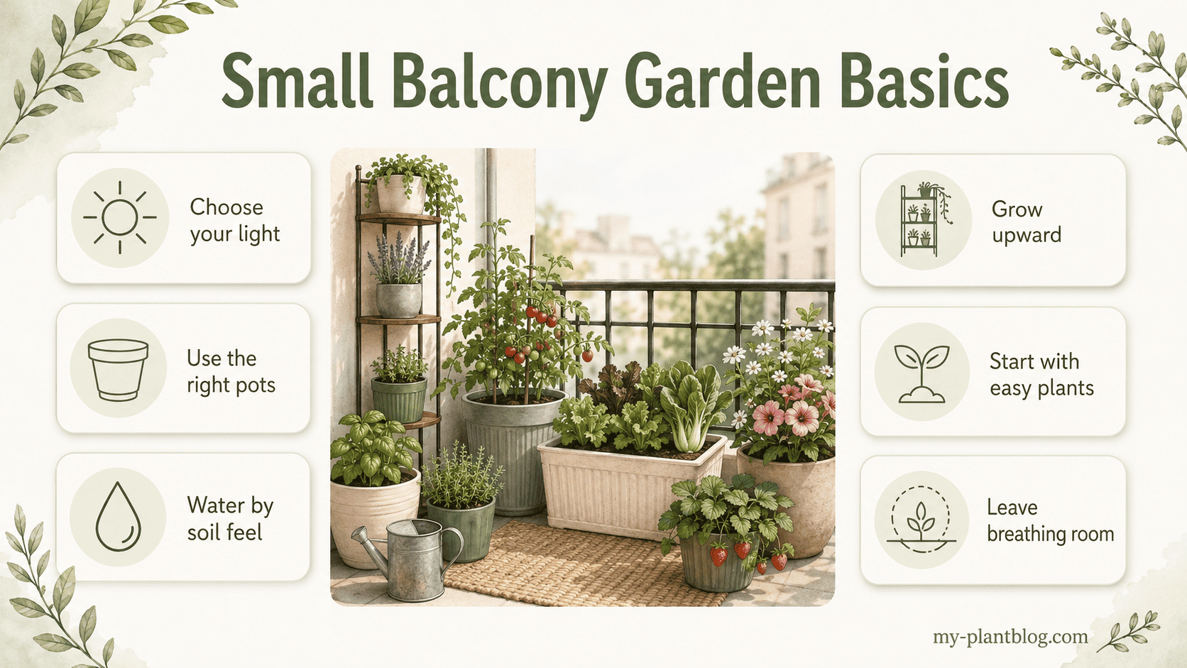 Small balcony garden with herbs, flowers, vegetables, and containers arranged to use limited space