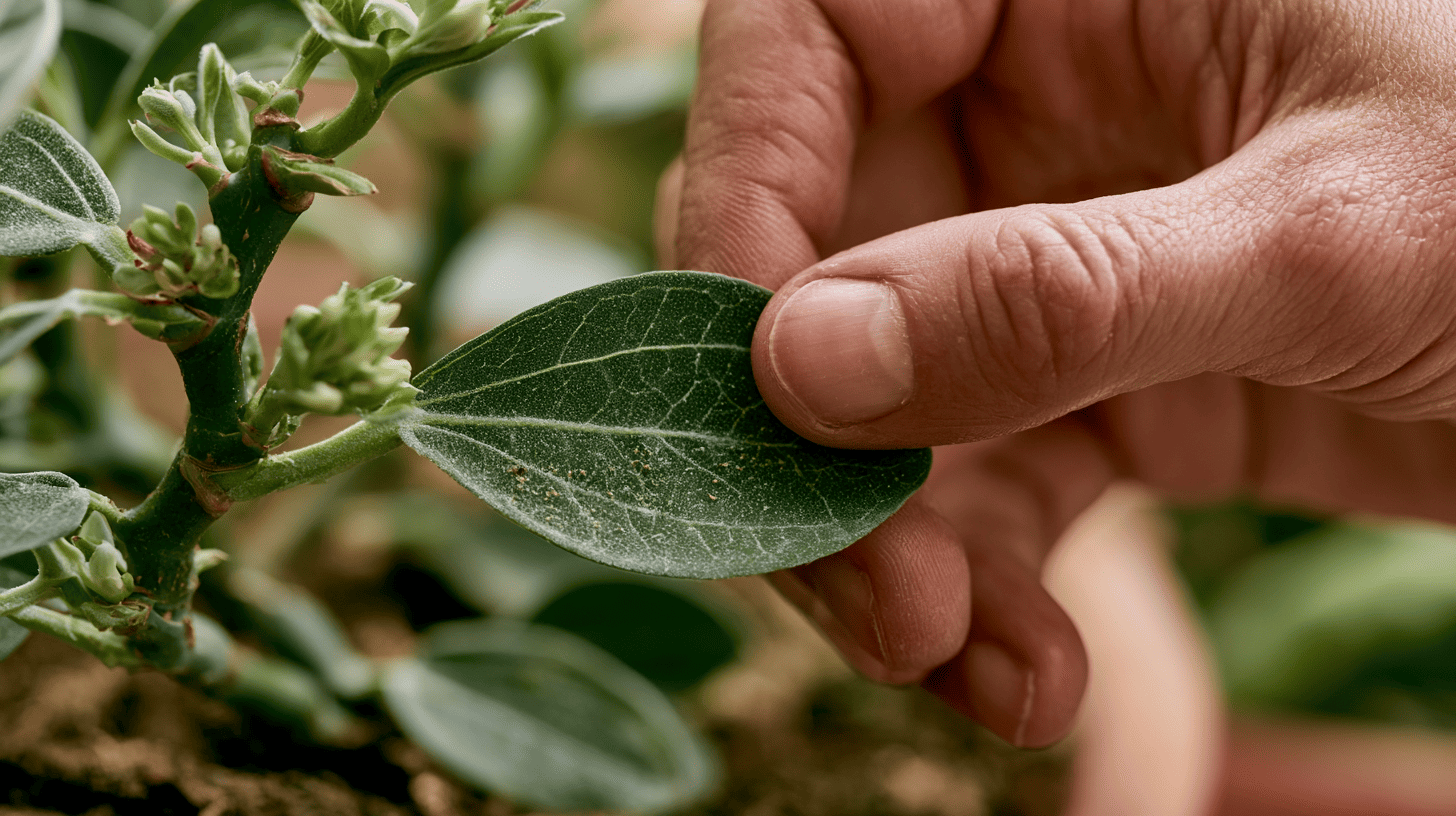 Close inspection of the underside of houseplant leaves for small pests and damage