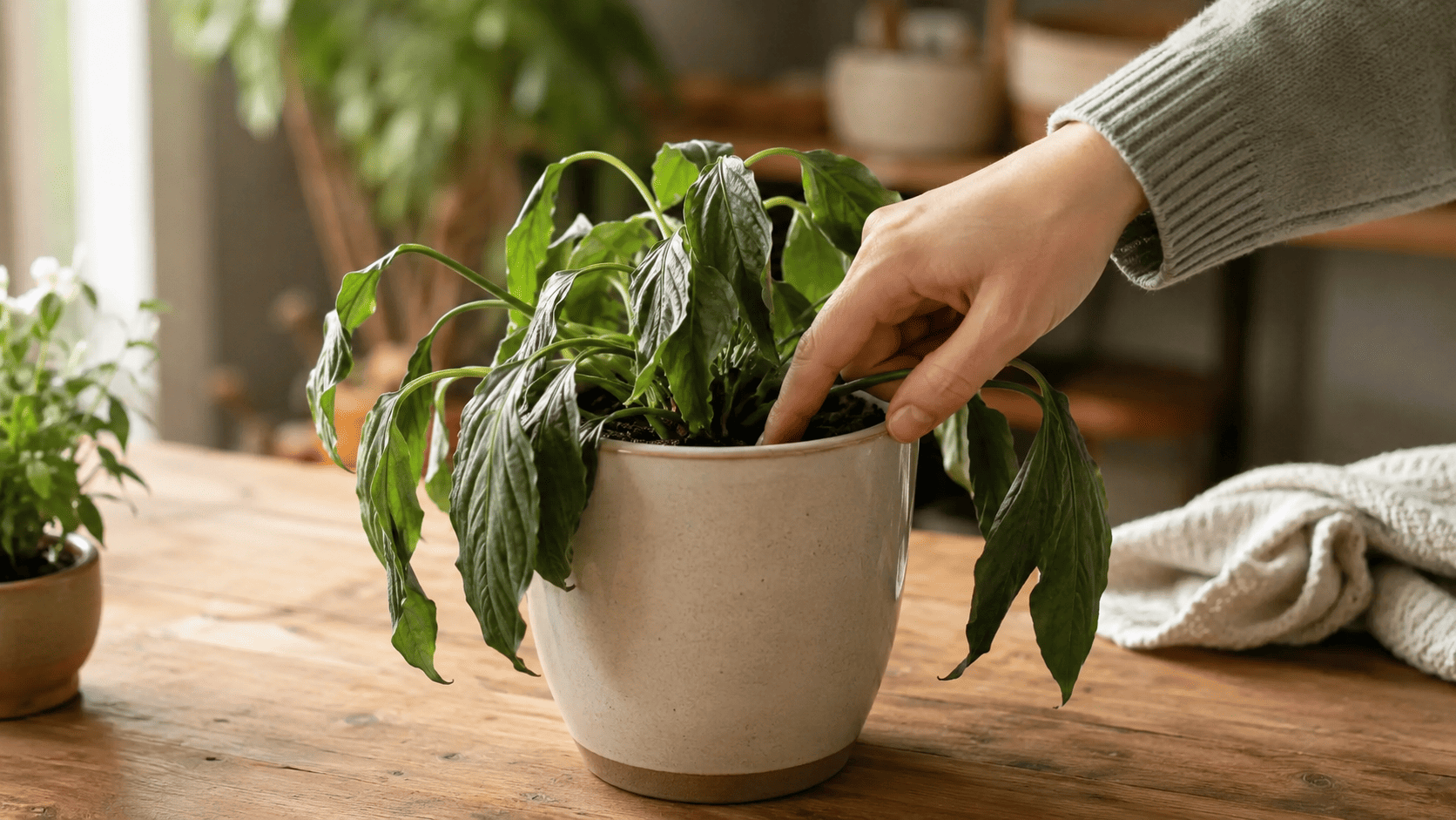 Drooping houseplant in a pot showing signs of watering stress