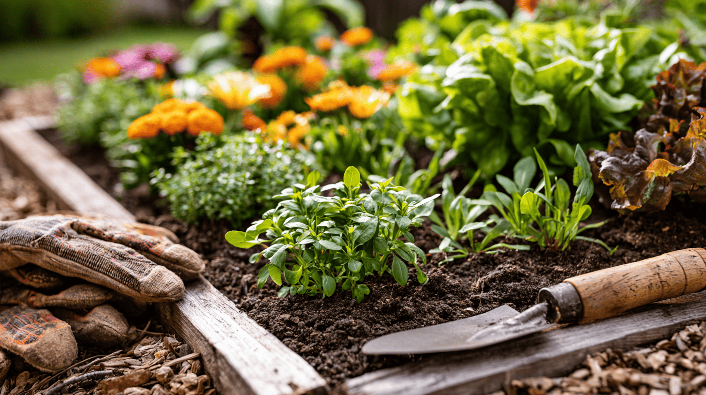 Beginner garden bed with herbs, leafy greens, flowers, gardening gloves, and a hand trowel