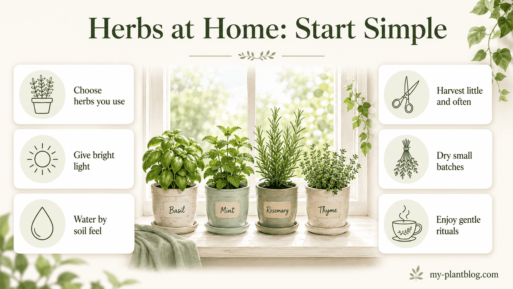 Herbs at Home: Start Simple infographic with basil, mint, rosemary, and thyme plus tips for light, watering, harvesting, drying, and everyday use