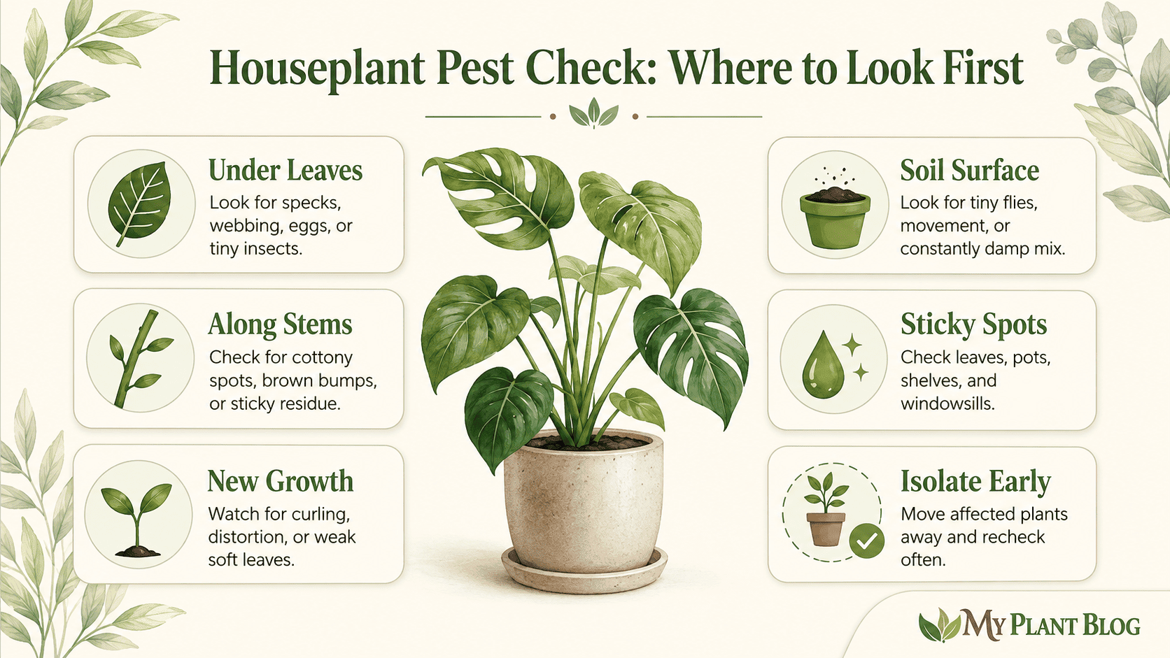 Houseplant pest checklist showing where to inspect leaves, stems, new growth, and soil