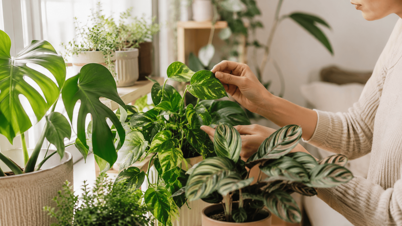 Healthy houseplants being inspected closely for early signs of pests