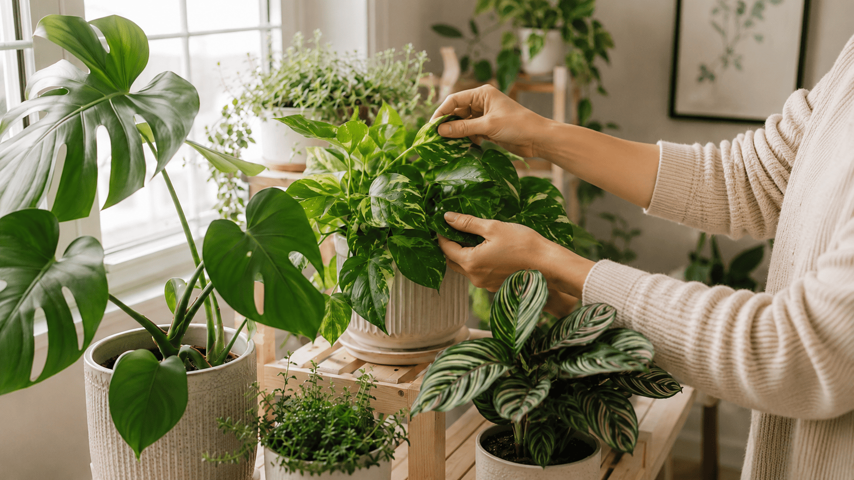 Close inspection of a houseplant leaf for common indoor plant pests