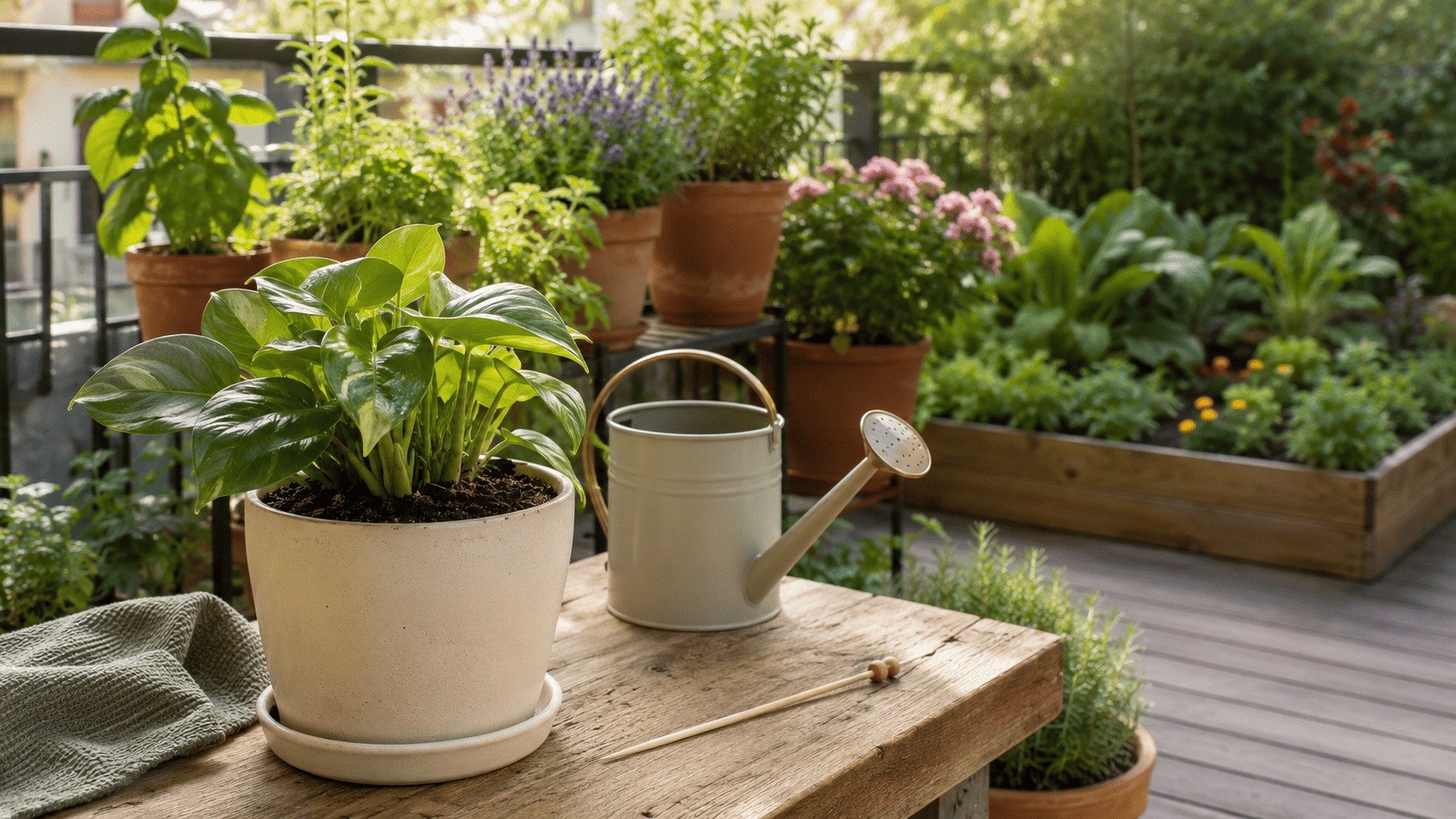 Watering can beside healthy container plants ready for a soil moisture check