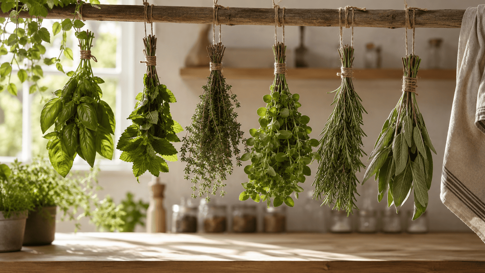 Basil, mint, thyme, oregano, rosemary, and sage hanging in small bundles to dry indoors