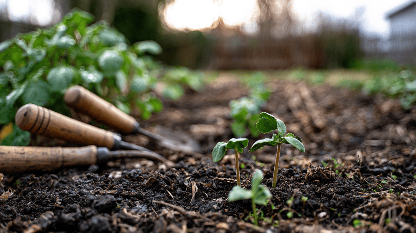 Young seedlings emerging from prepared garden soil beside wooden-handled garden tools in spring