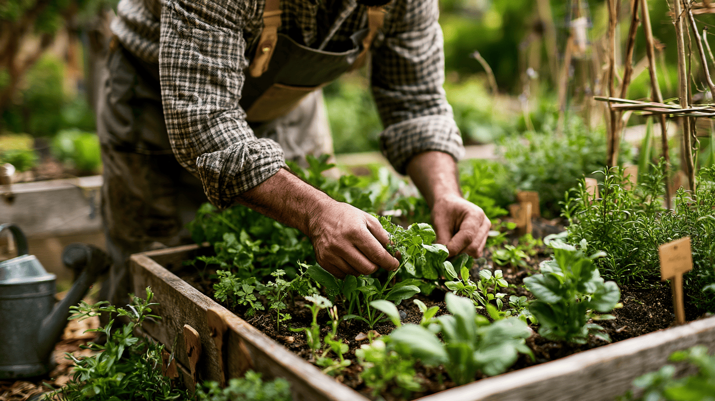 Gardener working in a raised bed during a month-by-month garden planning routine