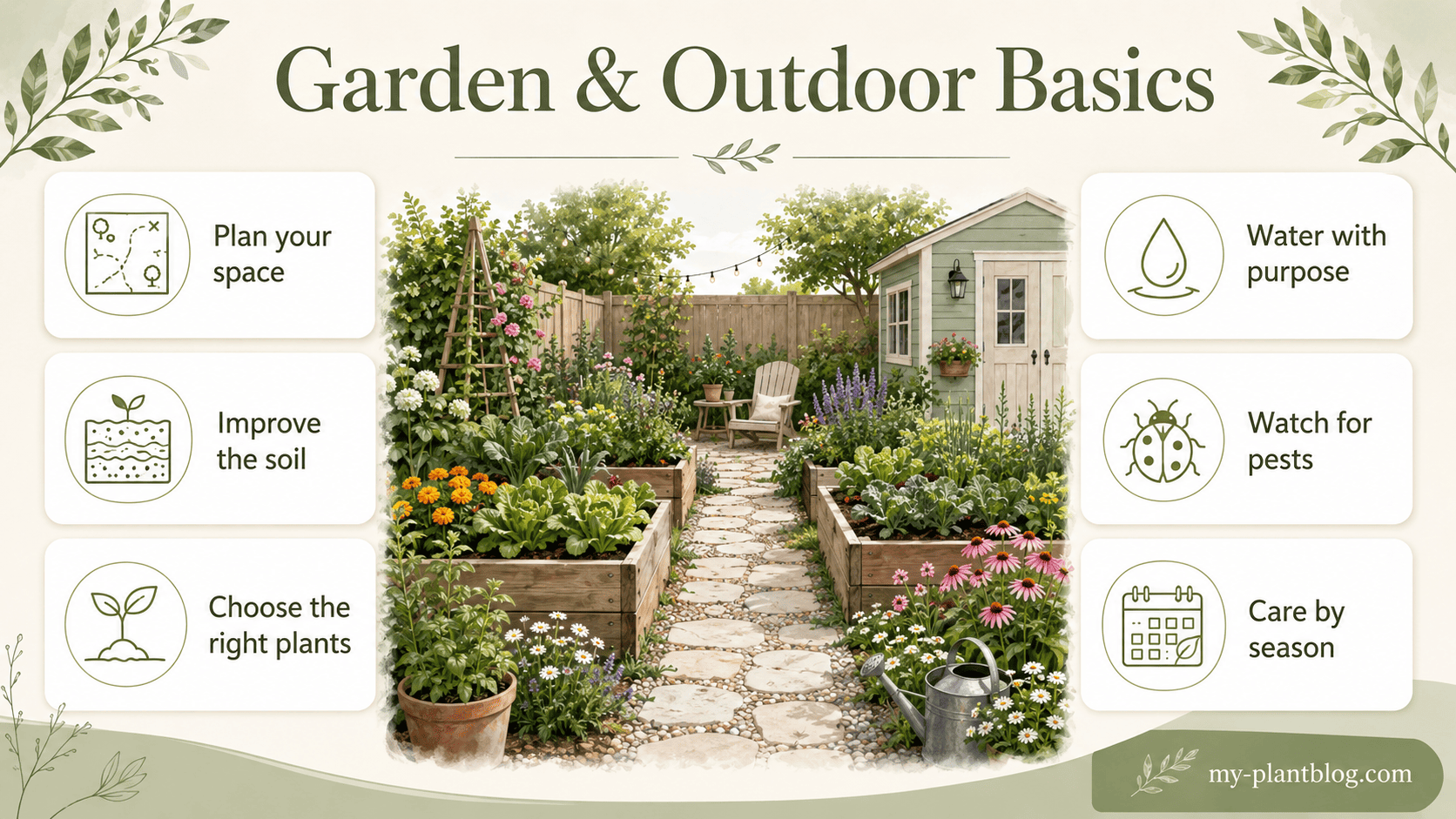 Garden and outdoor basics with raised beds, flowers, herbs, a garden path, watering, soil care, pest checks, and seasonal planning