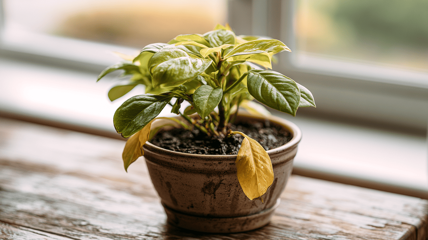 Houseplant showing signs of overwatering beside wet potting mix and exposed roots