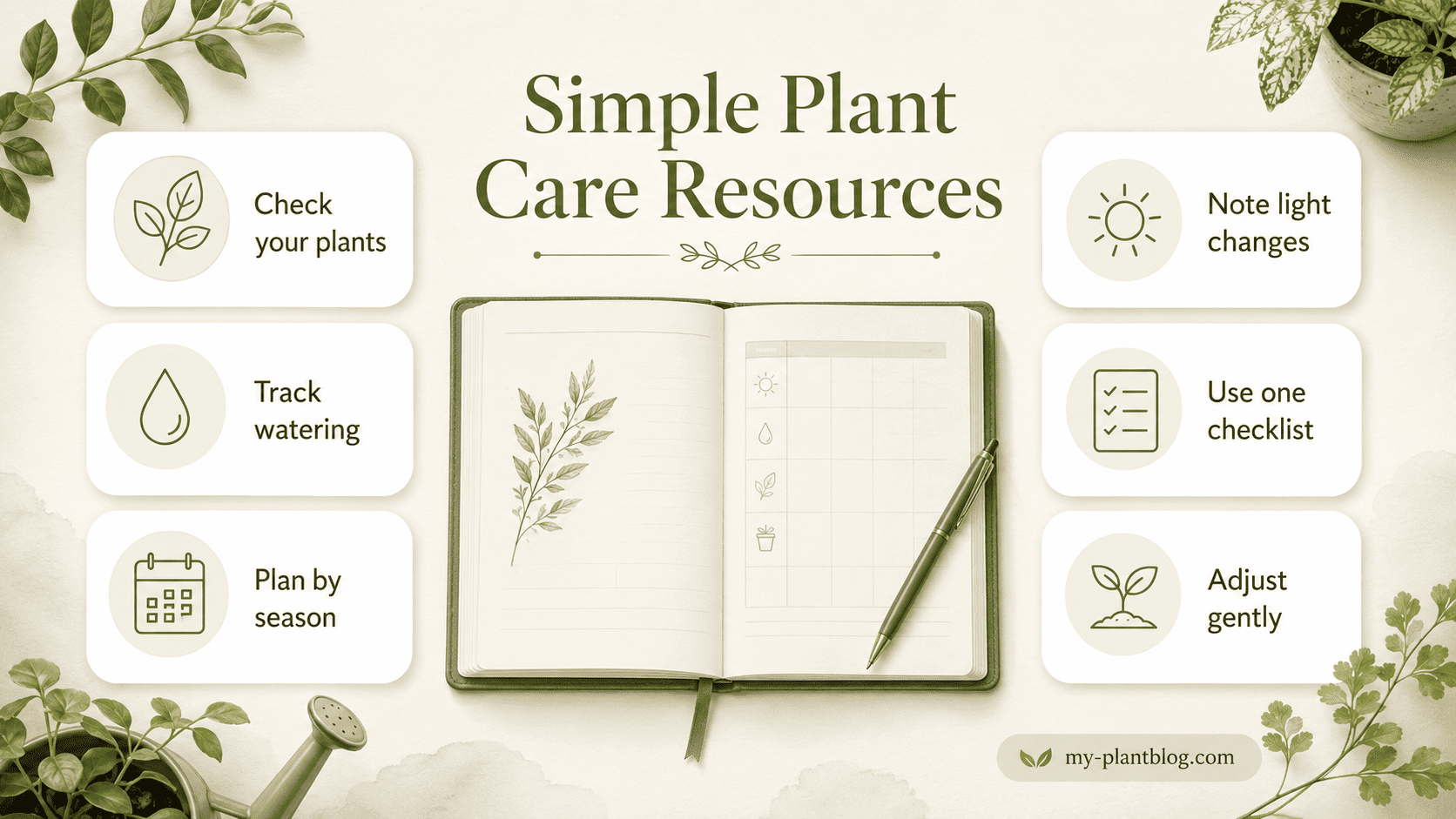 Simple plant care resources infographic with a planner, checklist, watering, light, seasonal planning, and plant tracking reminders