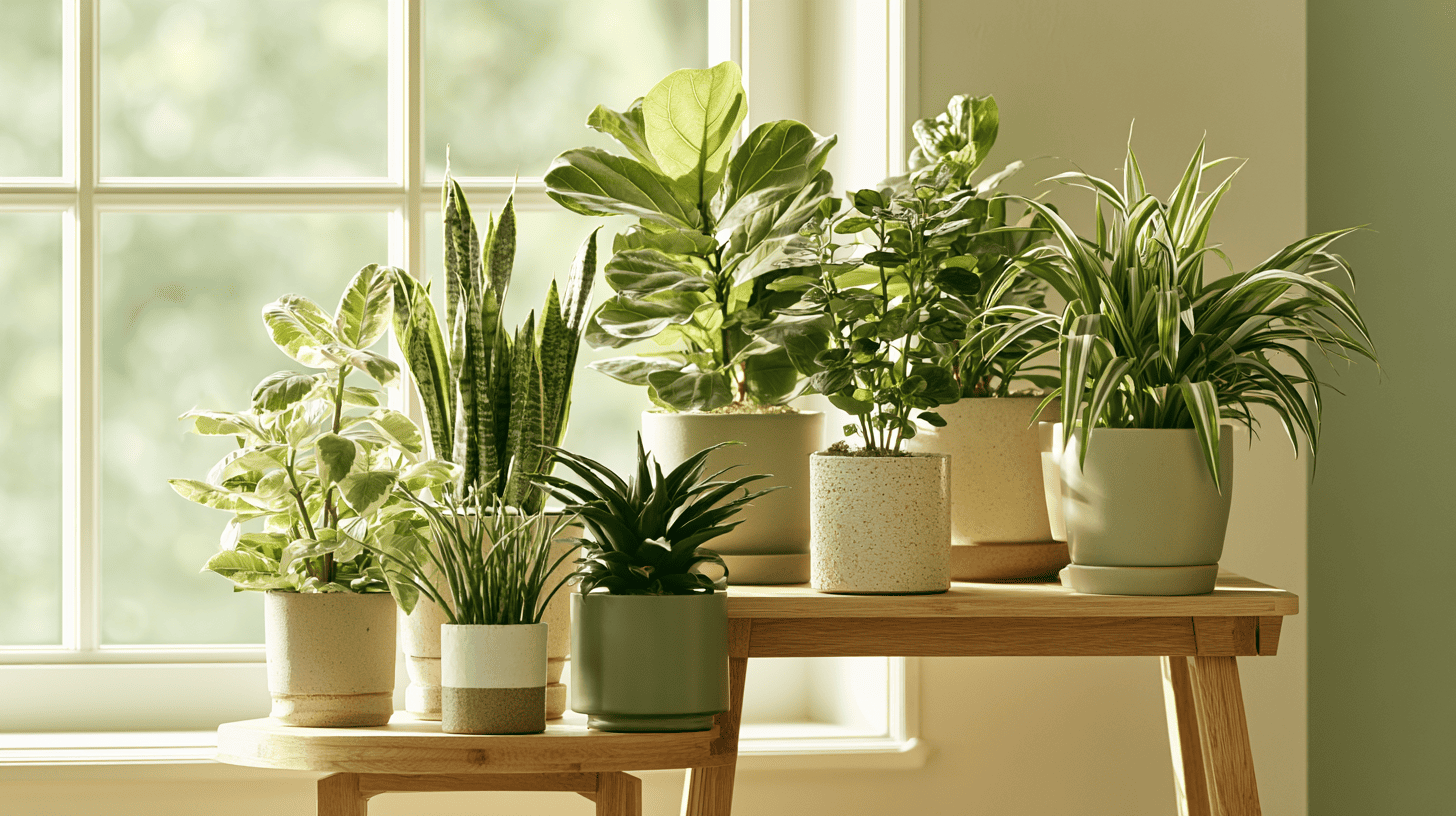 Healthy houseplants arranged near a bright window with natural daylight