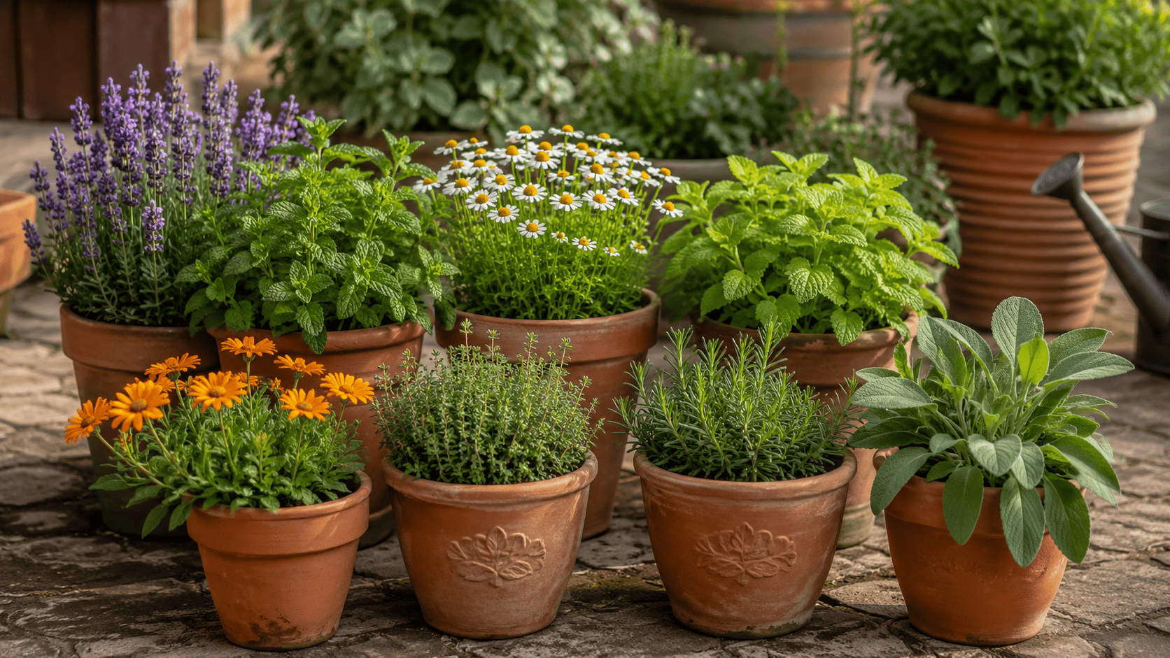 Lavender, chamomile, mint, thyme, rosemary, sage, and calendula growing in terracotta pots