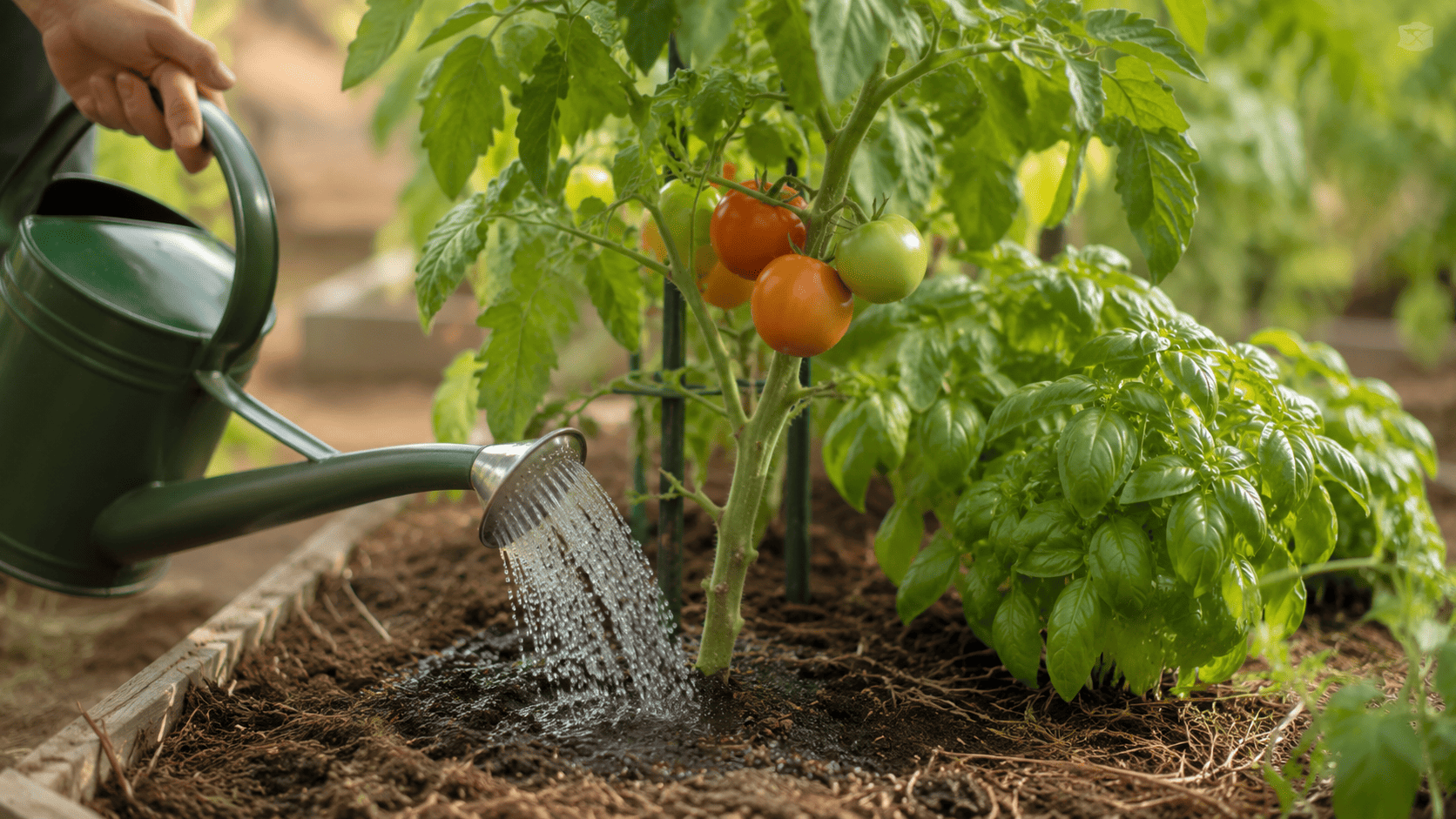 Gardener watering the soil around tomato and basil plants during warm summer weather