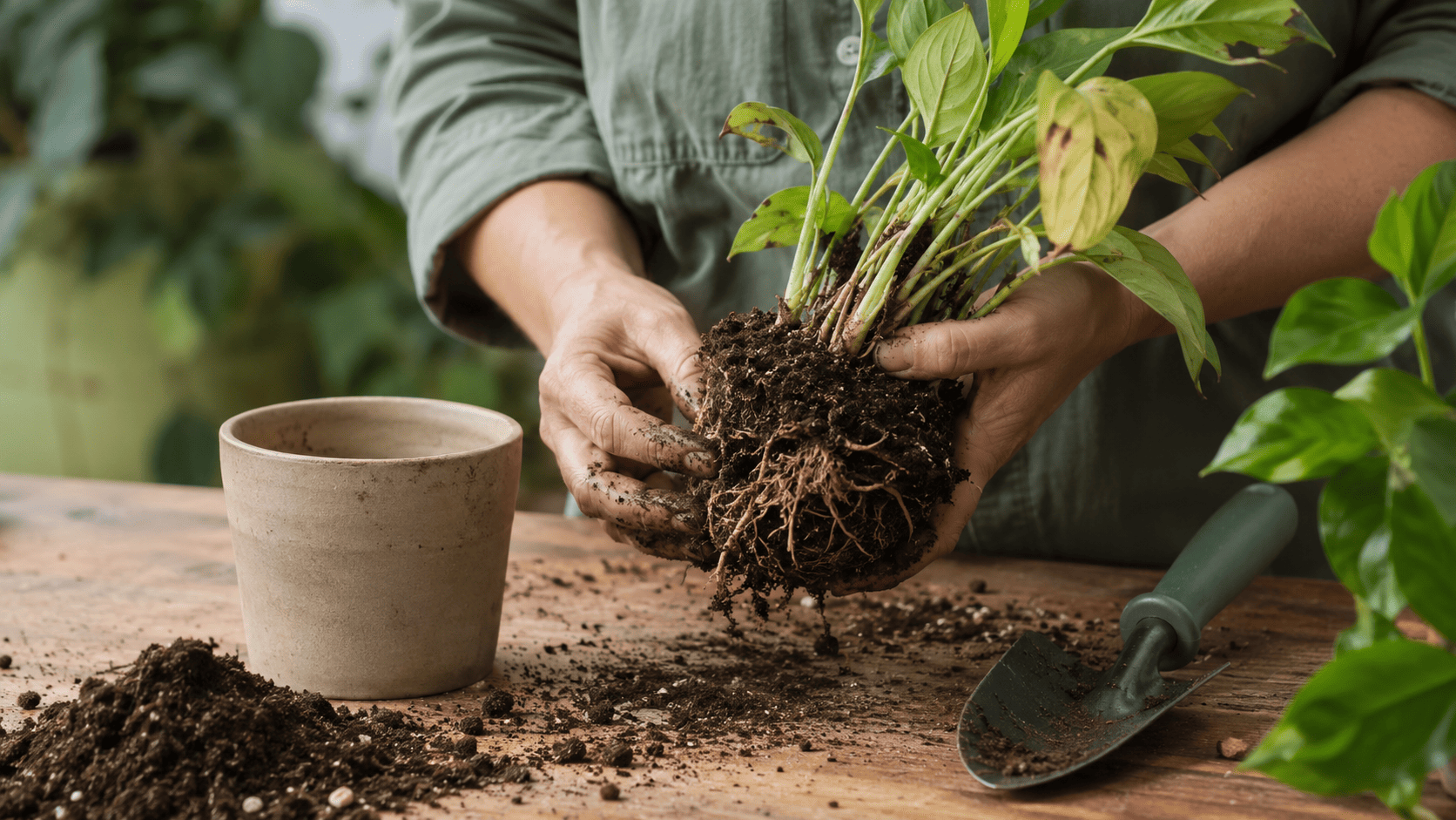 Sick houseplant being checked gently as part of a plant rescue routine