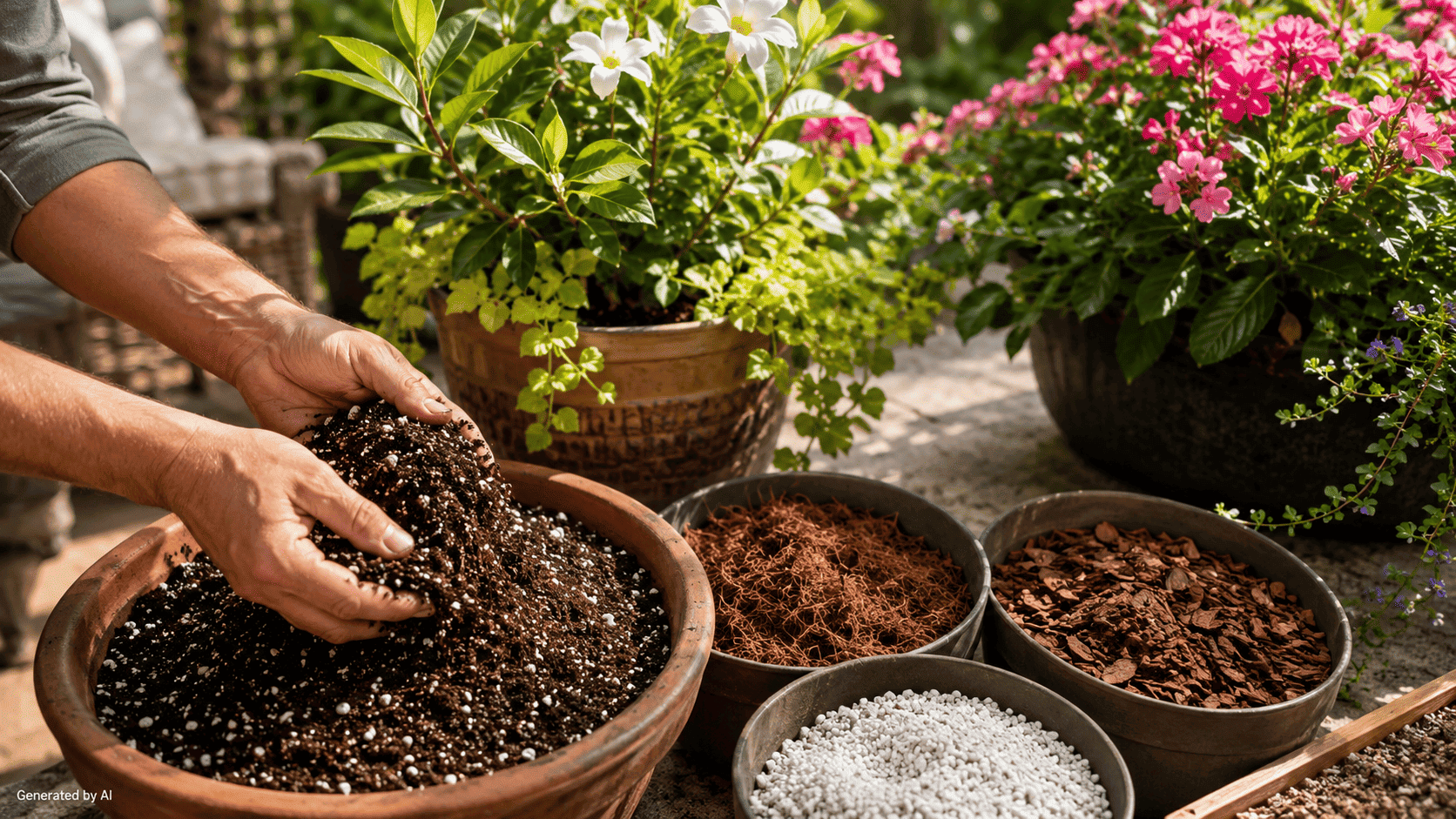 Container plant with loose well-aerated potting mix prepared for healthy root growth