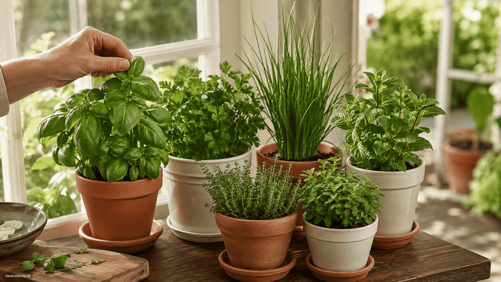 Basil, parsley, chives, mint, thyme, and oregano growing in pots beside a bright kitchen window