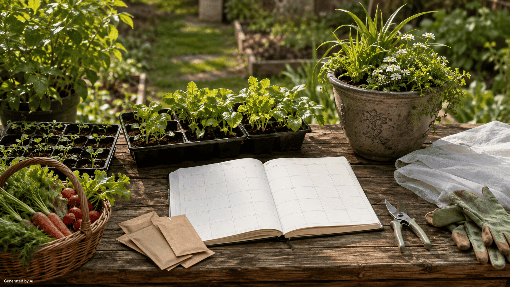 Garden planning table with seedlings, a monthly planner, vegetables, gloves, and pruning snips