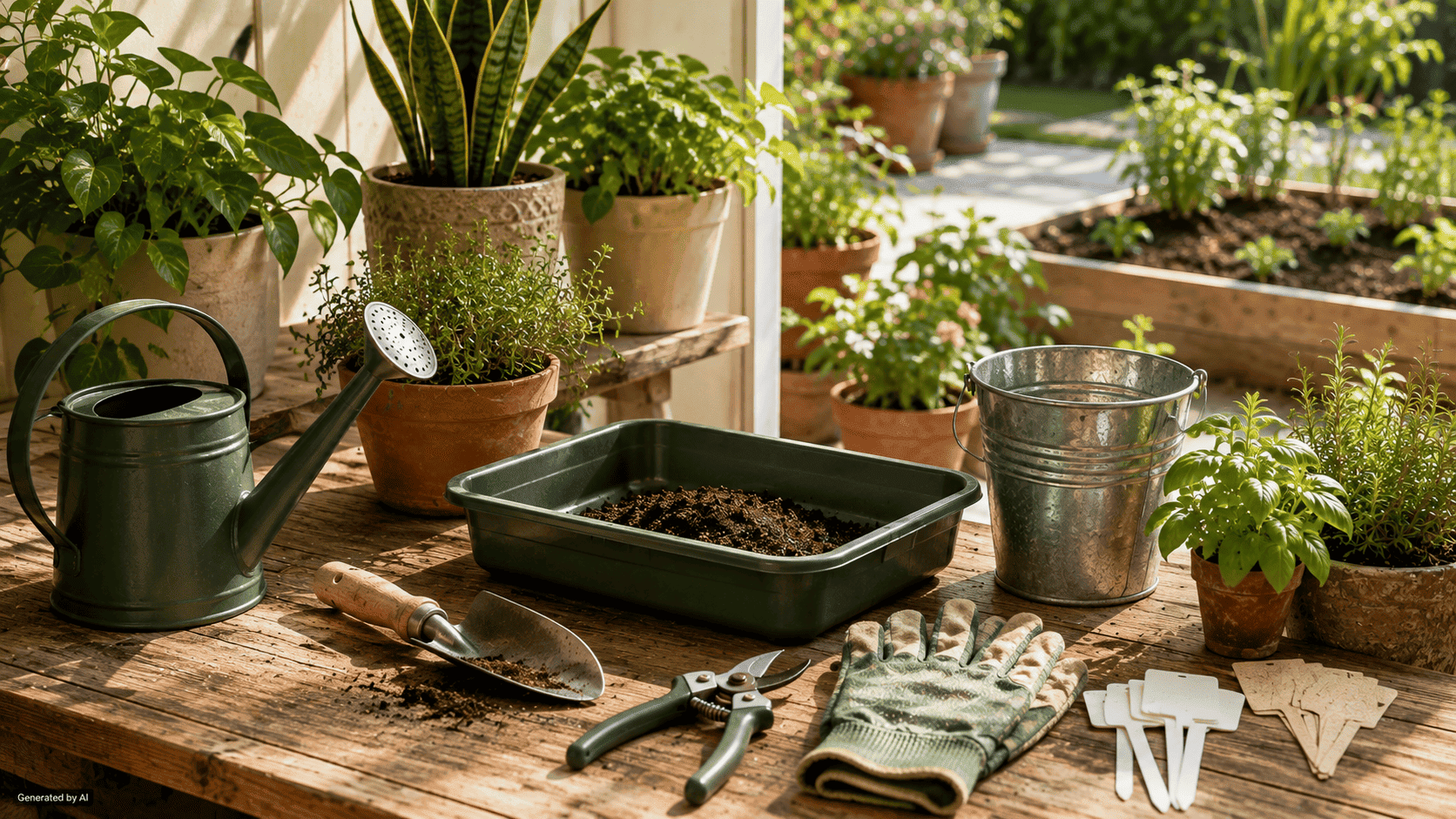 Beginner gardening tools arranged on a potting table with plants and containers