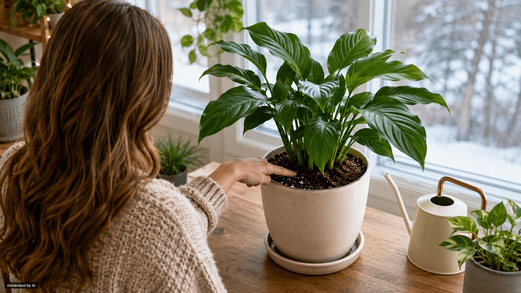 Gardener checking slightly moist houseplant potting mix before watering in winter