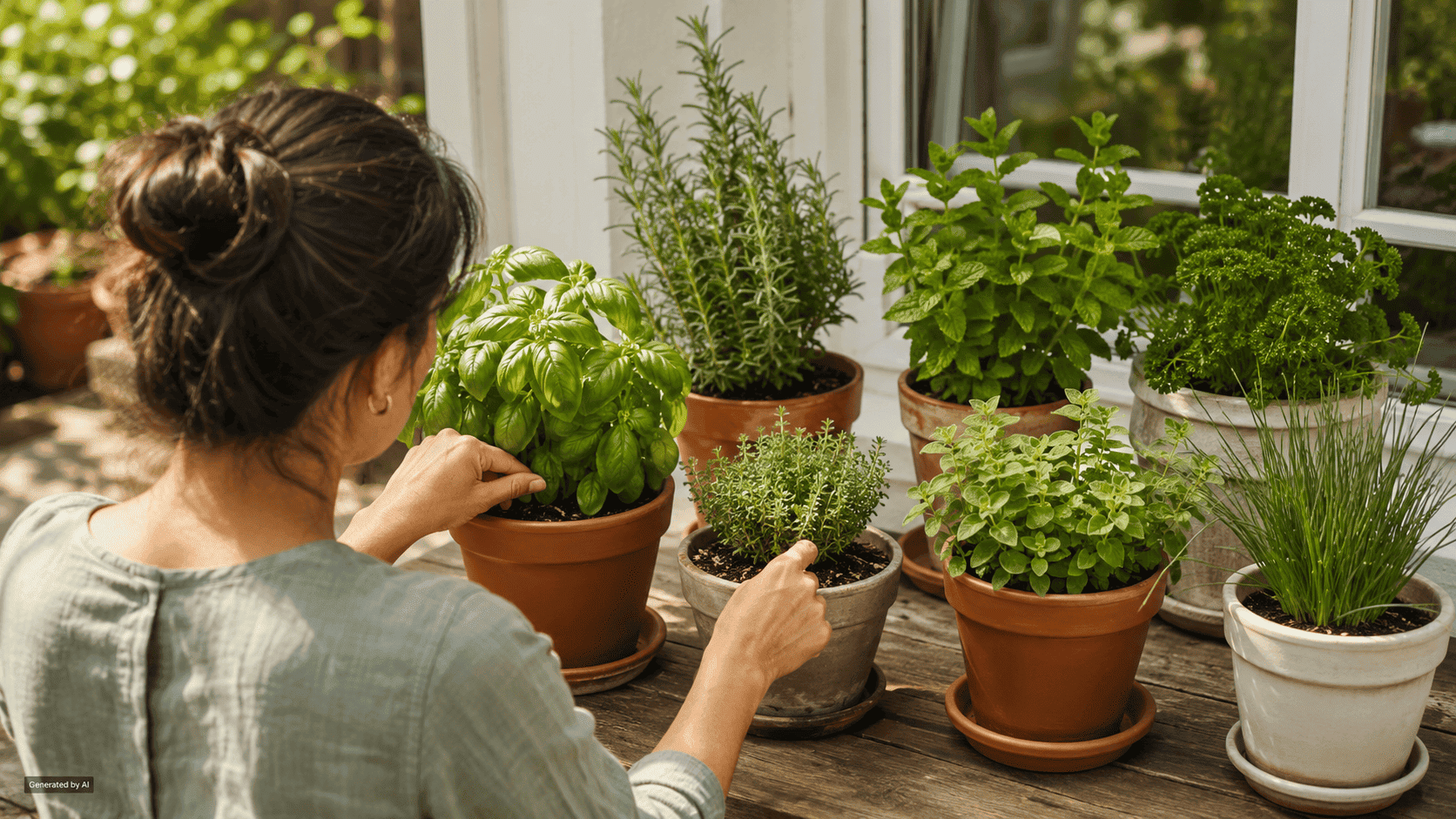 Gardener tending basil, rosemary, mint, thyme, oregano, parsley, and chives in separate containers