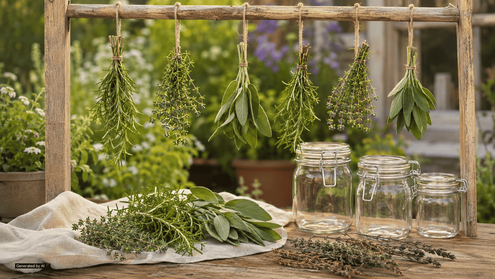 Small bundles of culinary herbs drying on a wooden rack beside clean glass jars