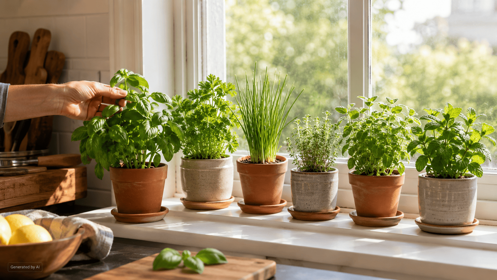 Basil, parsley, chives, thyme, oregano, and mint growing in separate pots on a bright kitchen windowsill