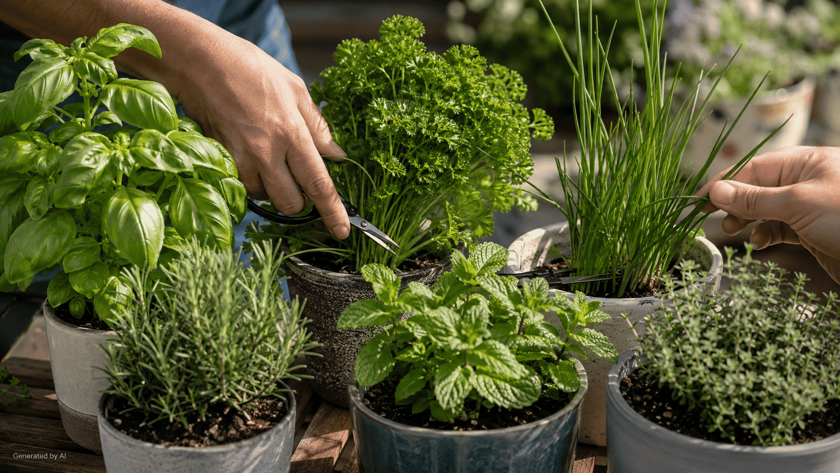 Gardener harvesting healthy culinary herbs from pots with clean pruning snips