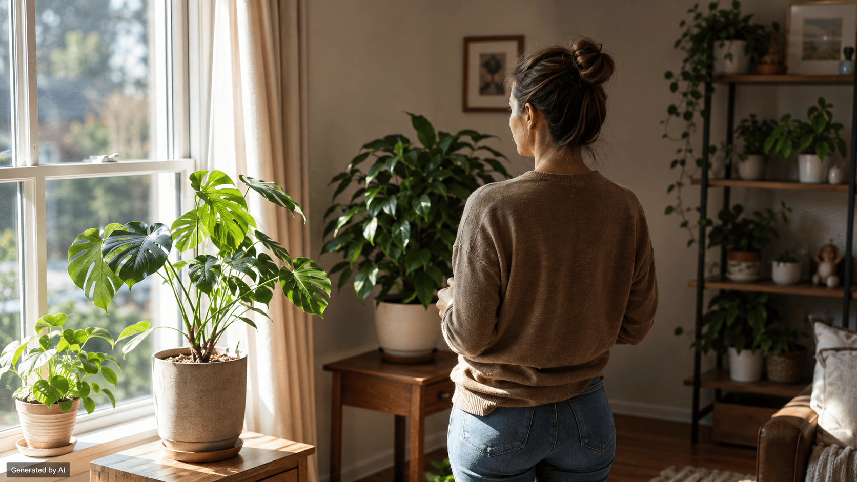 Gardener comparing houseplants in different light levels near a large window
