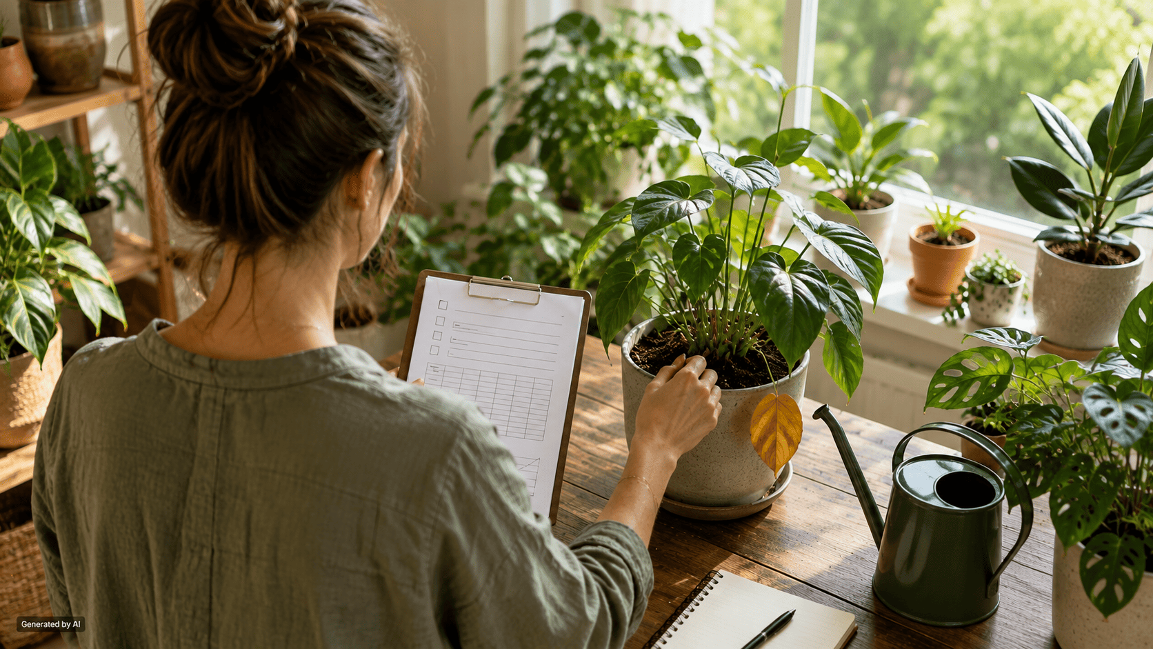 Gardener checking a houseplant while using a simple plant care tracker