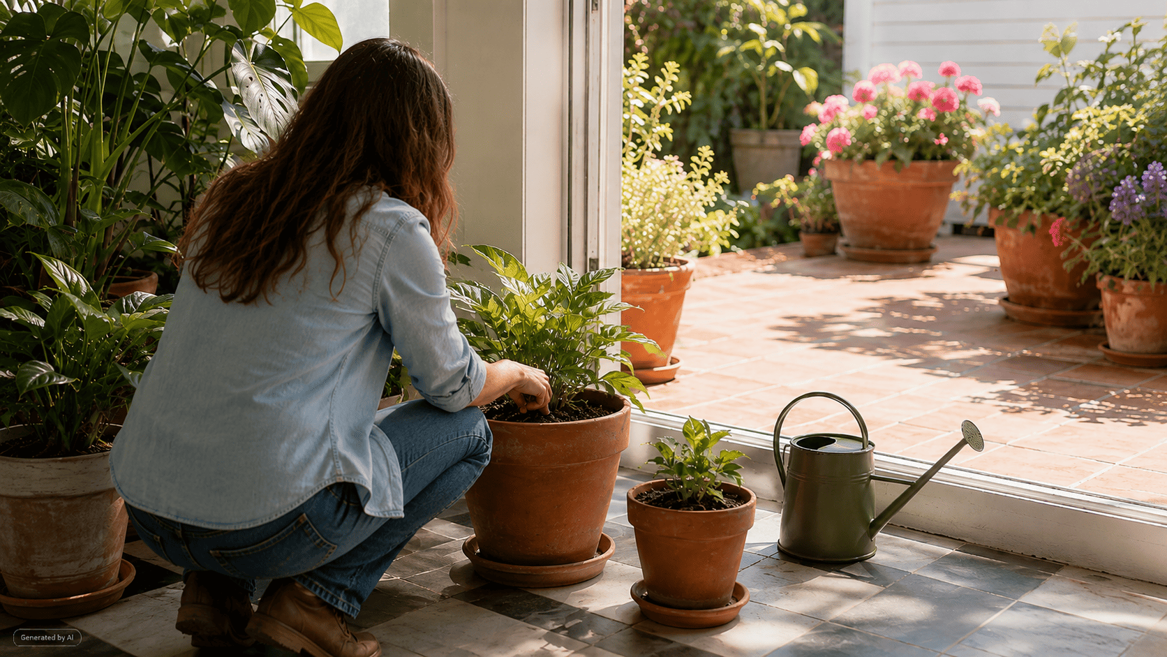 Gardener checking potting mix beside a watering can and patio containers