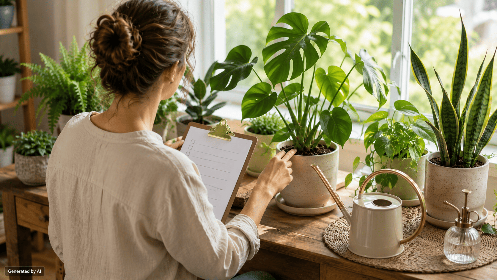 Gardener using a weekly plant care checklist beside healthy houseplants