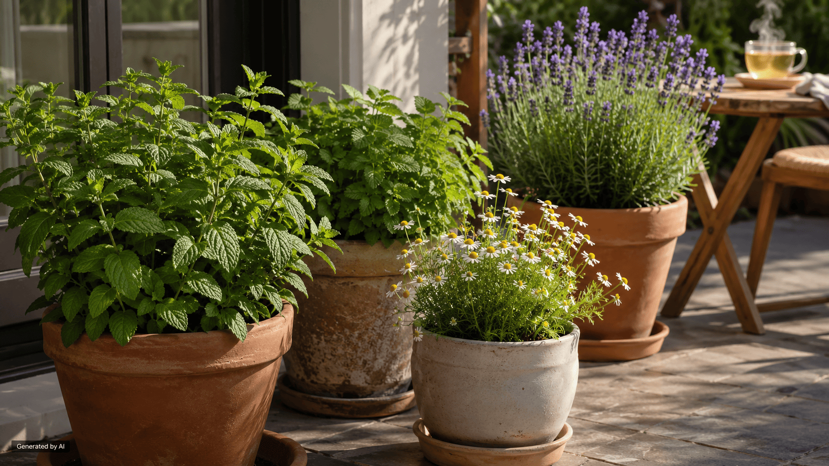 Mint, lemon balm, chamomile, and lavender growing in separate containers on a sunny patio