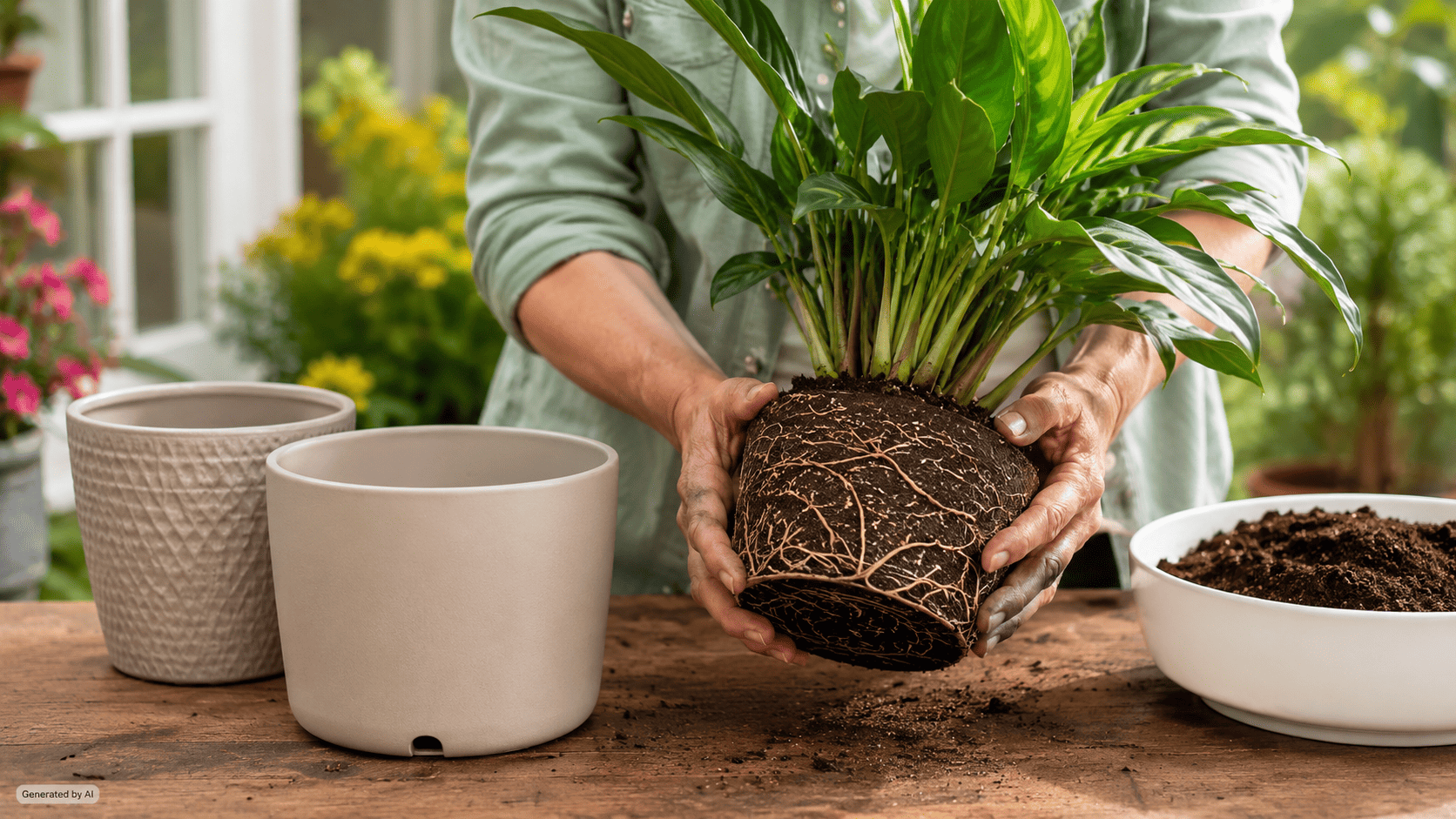 Houseplant root ball being checked before moving the plant into a larger pot