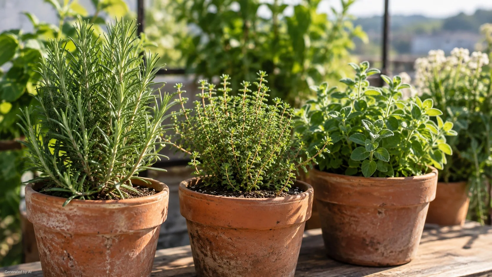 Basil, chives, mint, and parsley growing in separate pots on a sunny kitchen windowsill