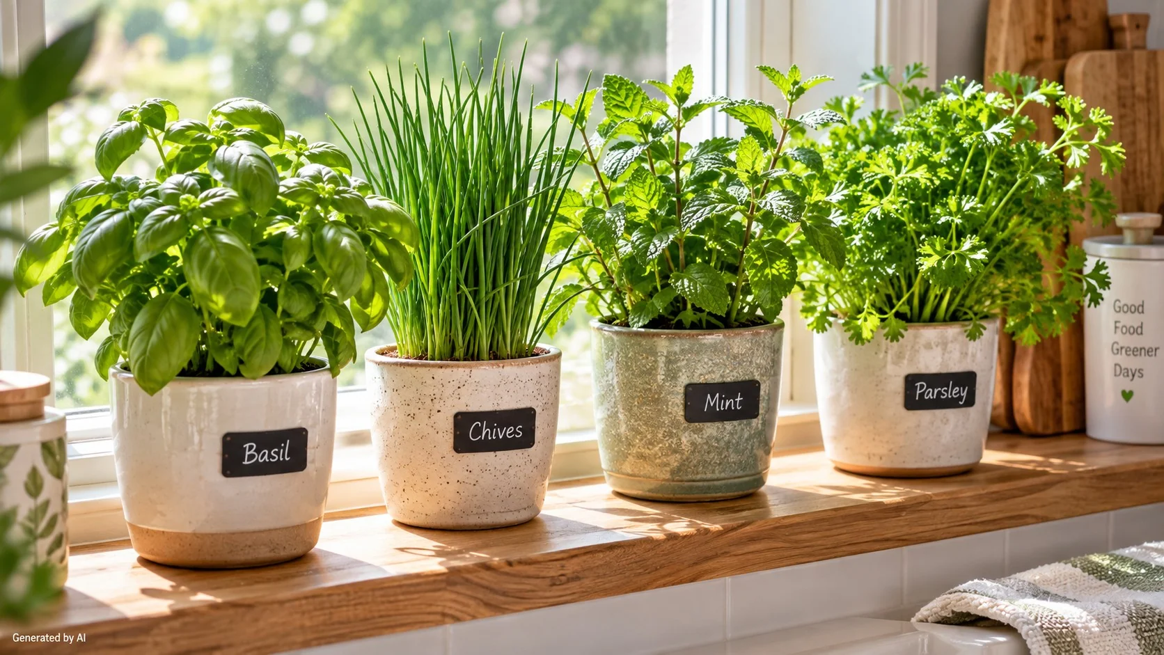 Rosemary, thyme, and oregano growing in separate terracotta pots on a sunny balcony