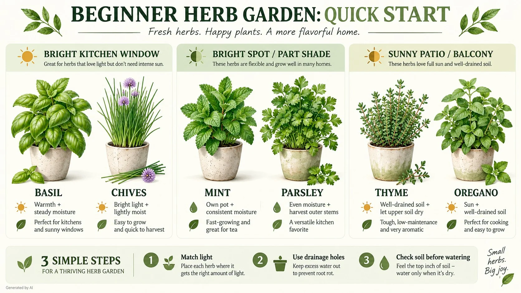 Beginner herb garden infographic comparing basil, chives, mint, parsley, thyme, and oregano by location and care