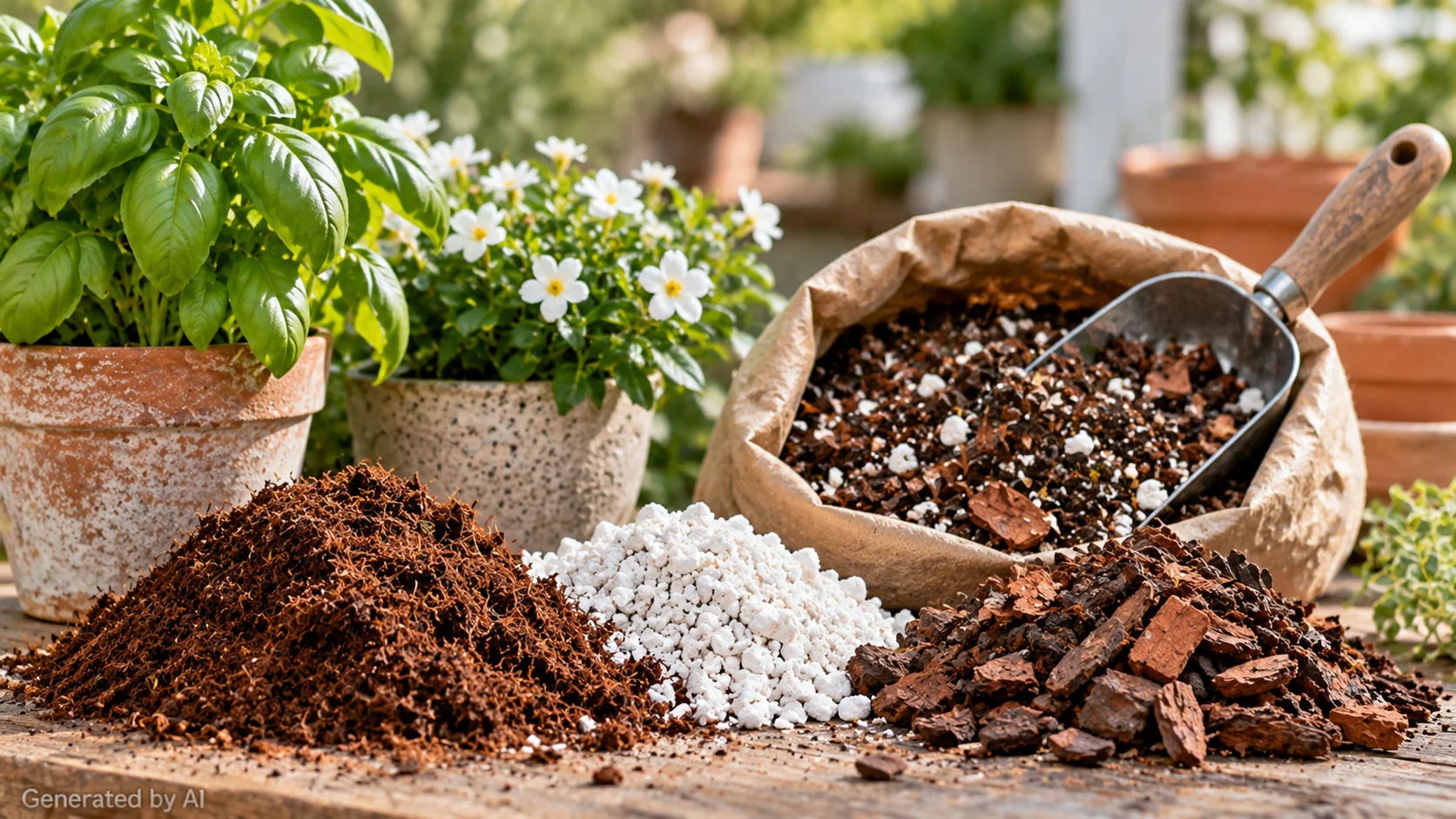 Close-up of potting mix ingredients including coir, white perlite, and bark chips