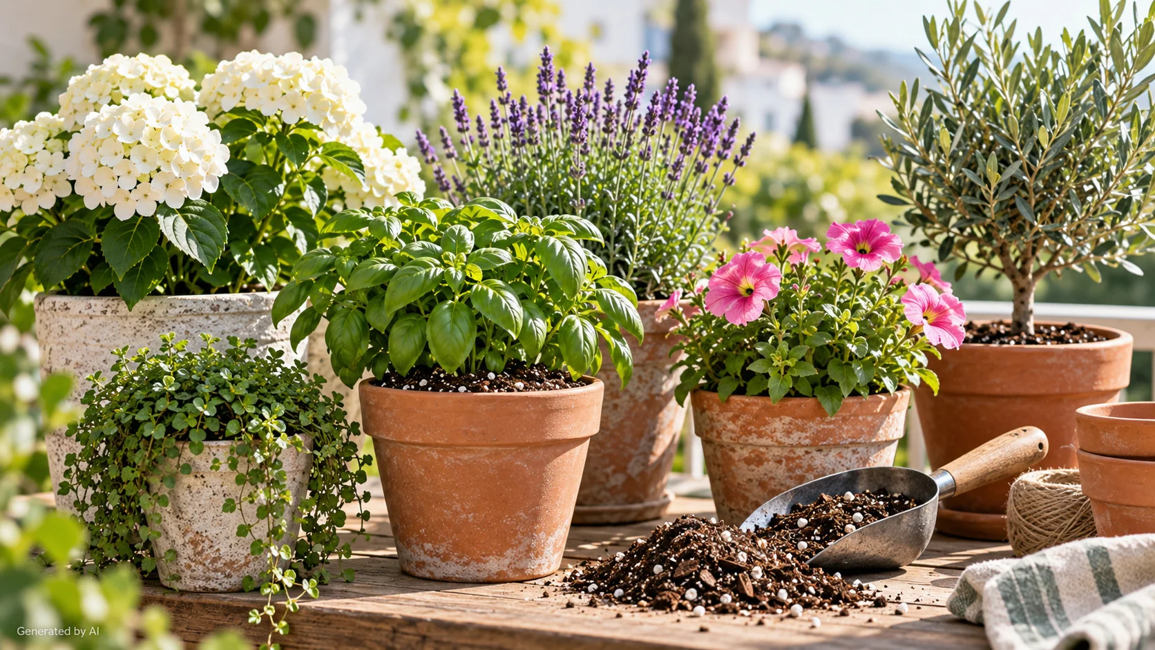 Potted herbs and flowering container plants on a sunny patio with loose potting mix