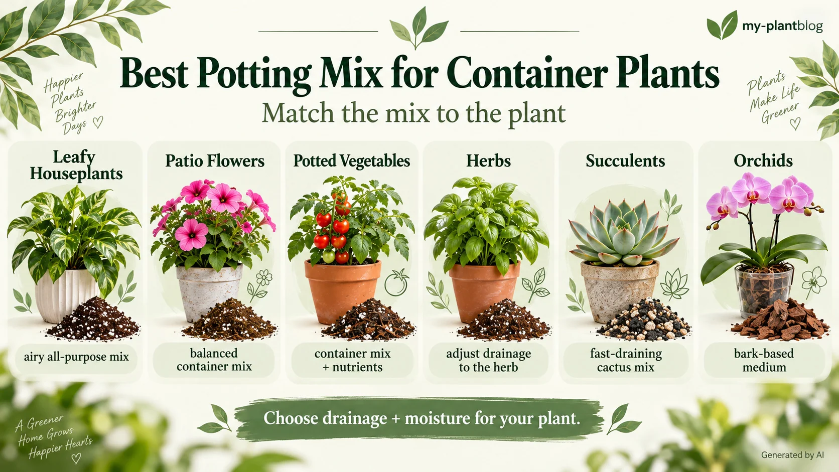 Infographic comparing suitable potting mixes for houseplants, patio flowers, vegetables, herbs, succulents, and orchids