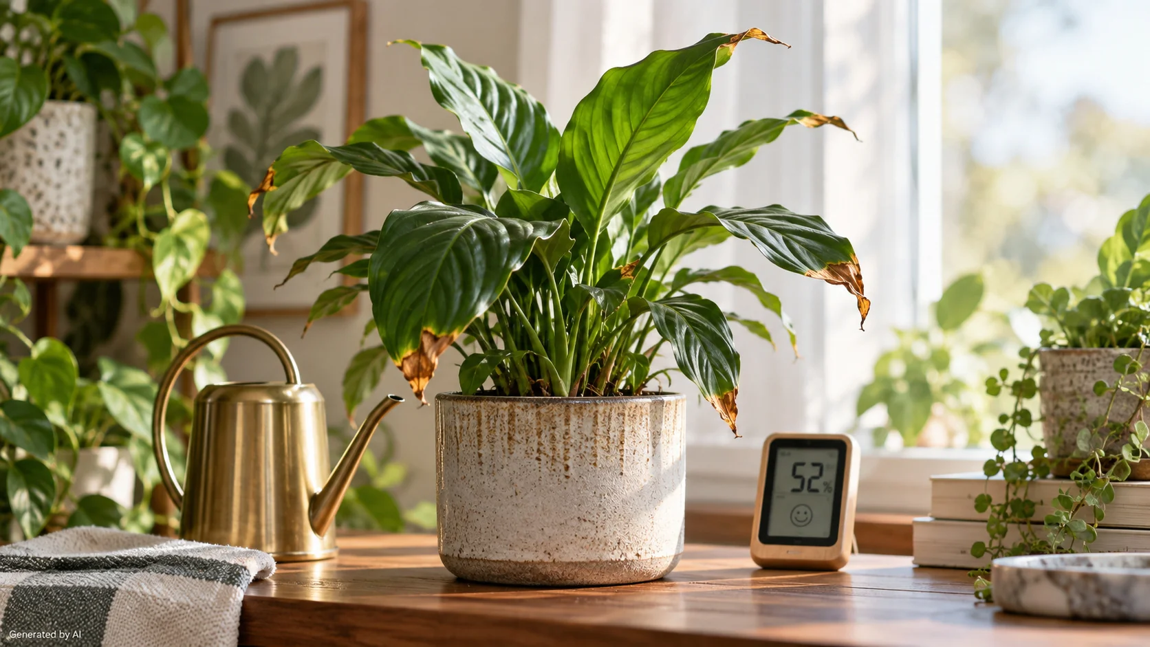 Peace lily with dry brown tips on several green leaves