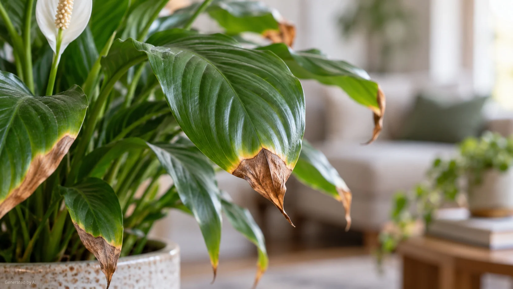 Peace lily with brown leaf tips beside a watering can and humidity meter