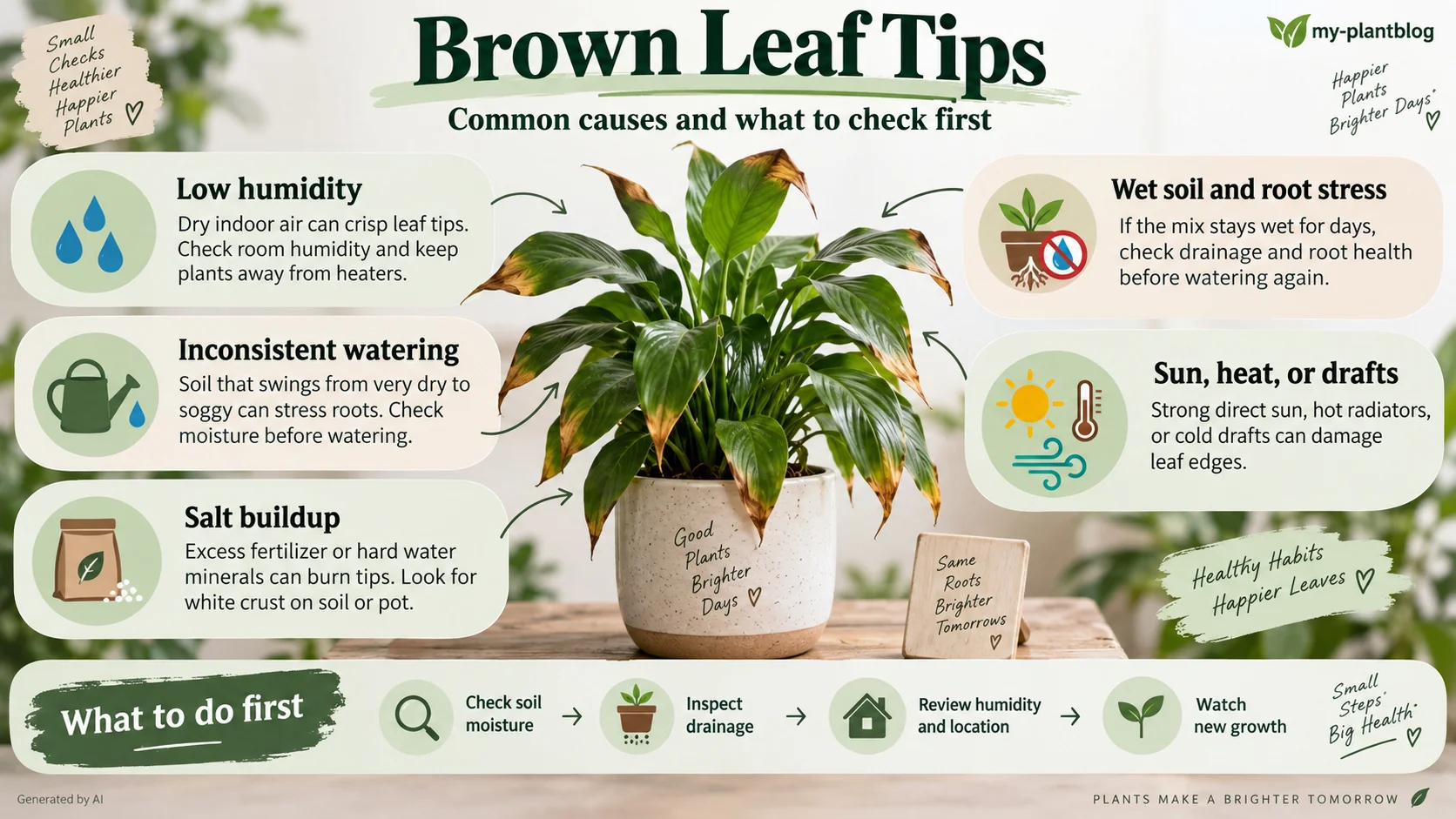 Infographic showing brown leaf tip causes and practical checks for watering, humidity, roots, and growing conditions